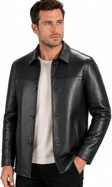 Reed Men's XL Black Lambskin Leather Button Up Car Coat Jacket Vintage HR14-7